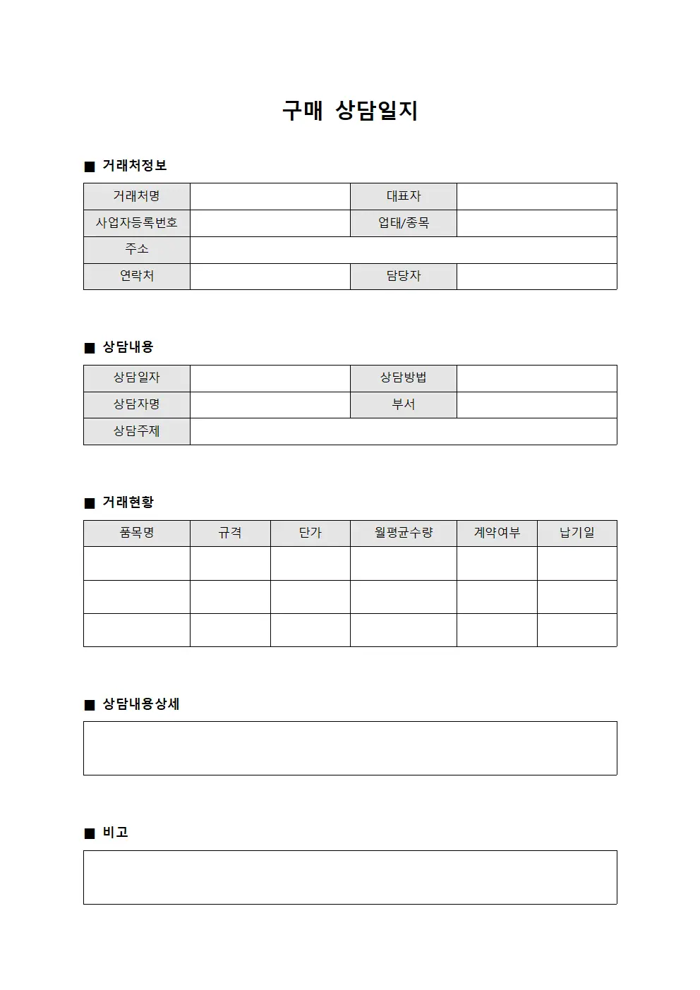 구매 상담일지 서식문서