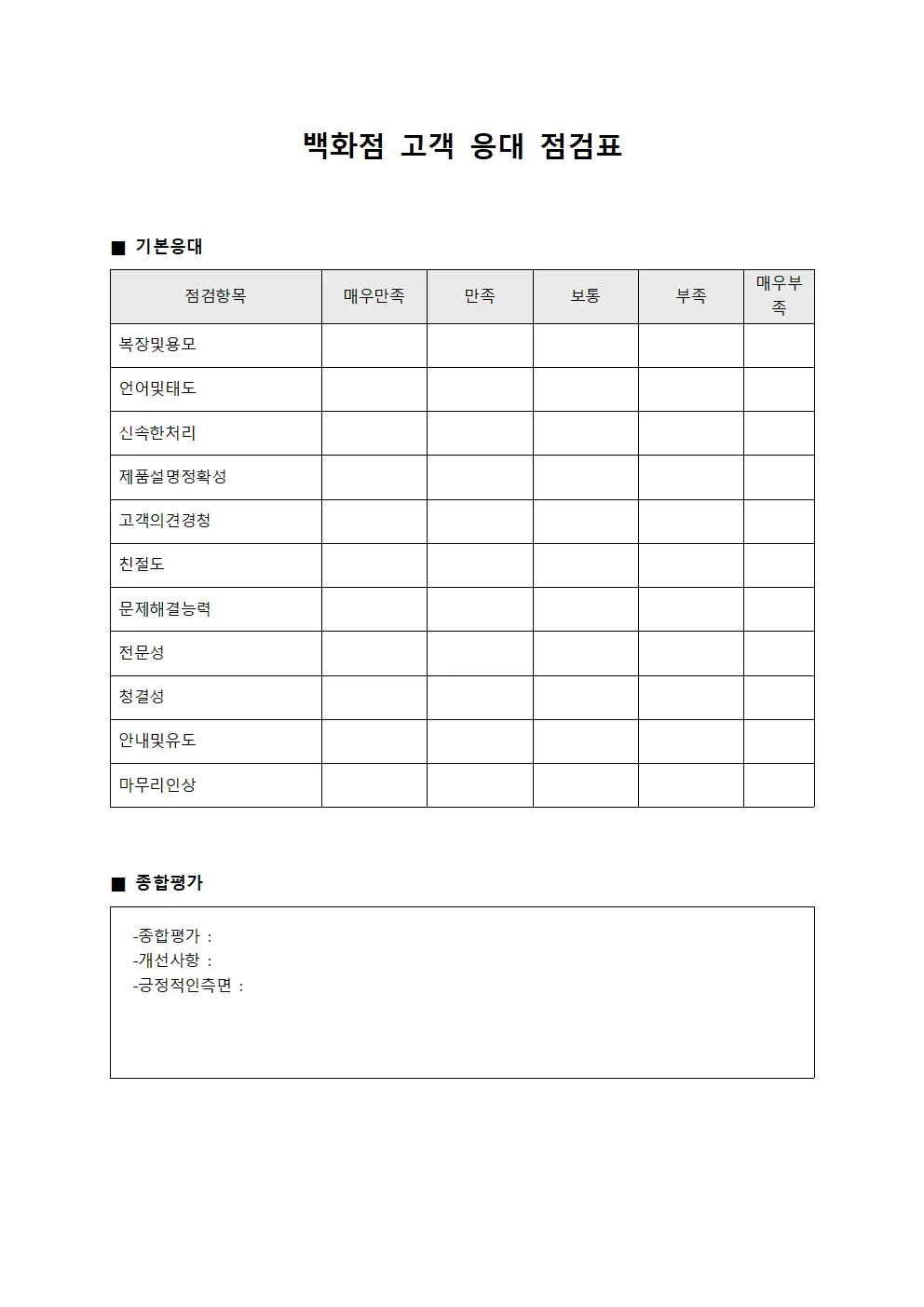 백화점 고객 응대 점검표