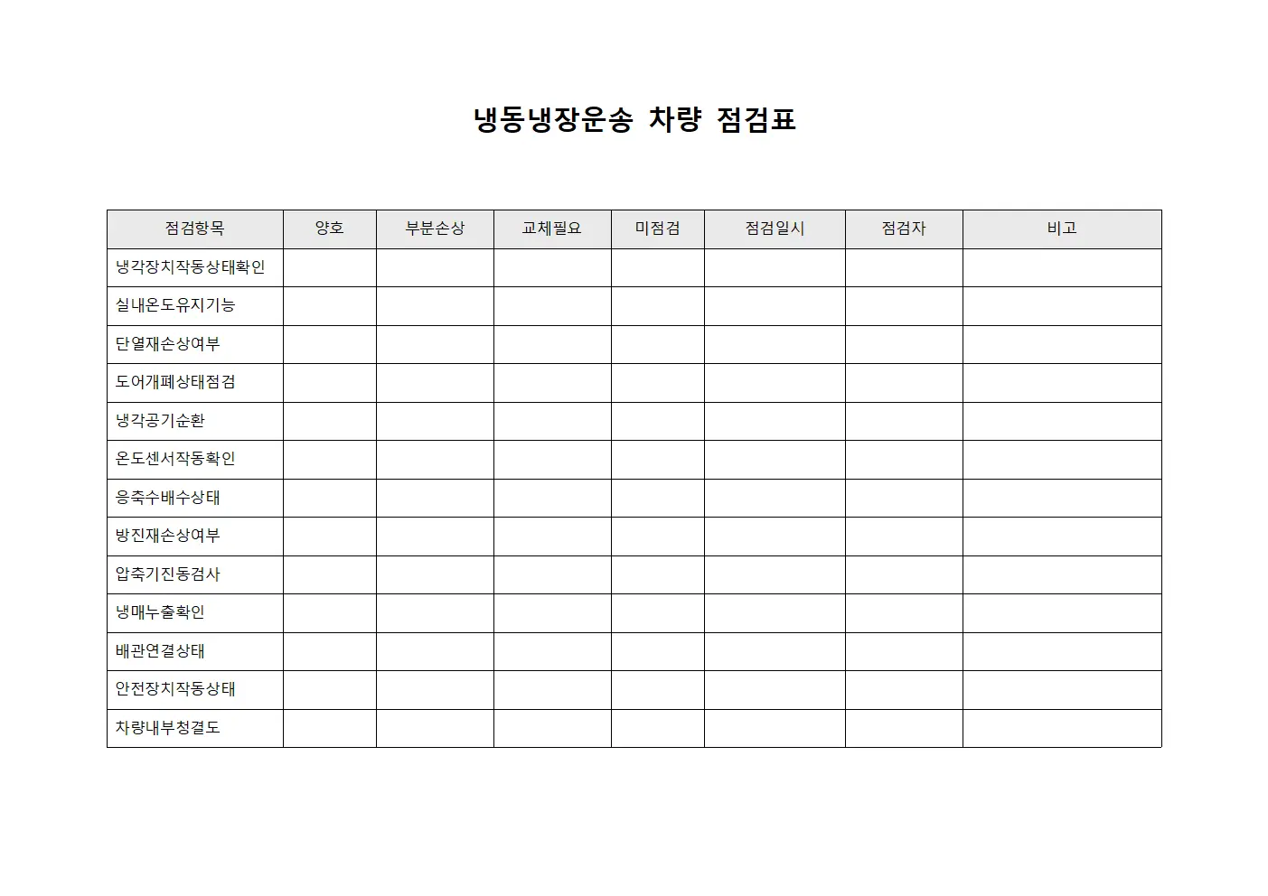 냉동냉장운송 차량 점검표
