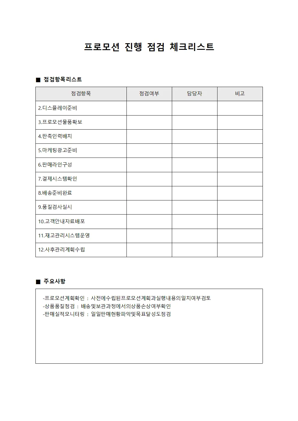 프로모션 진행 점검 체크리스트 문서.양식