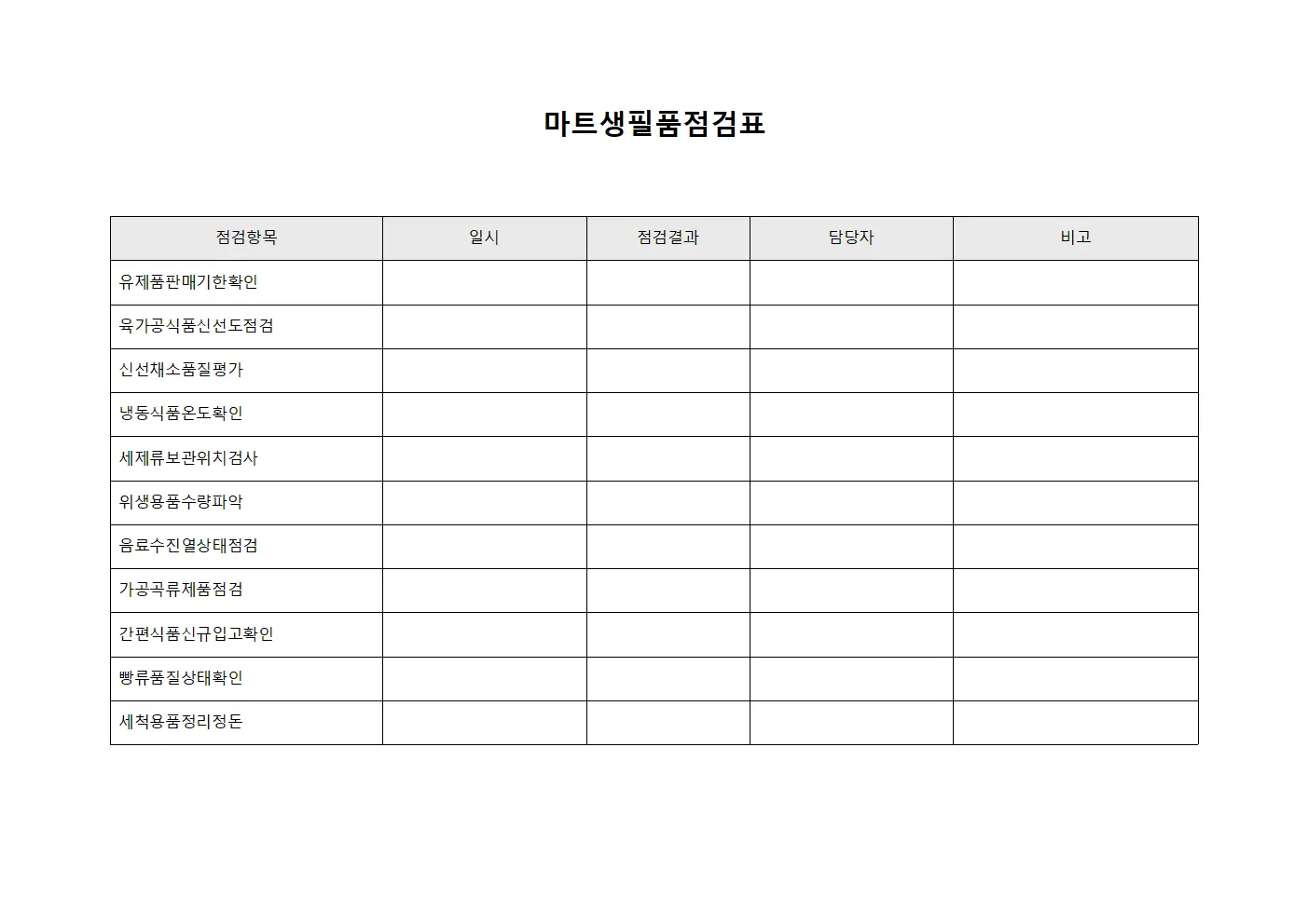 마트생필품점검표 템플릿 양식