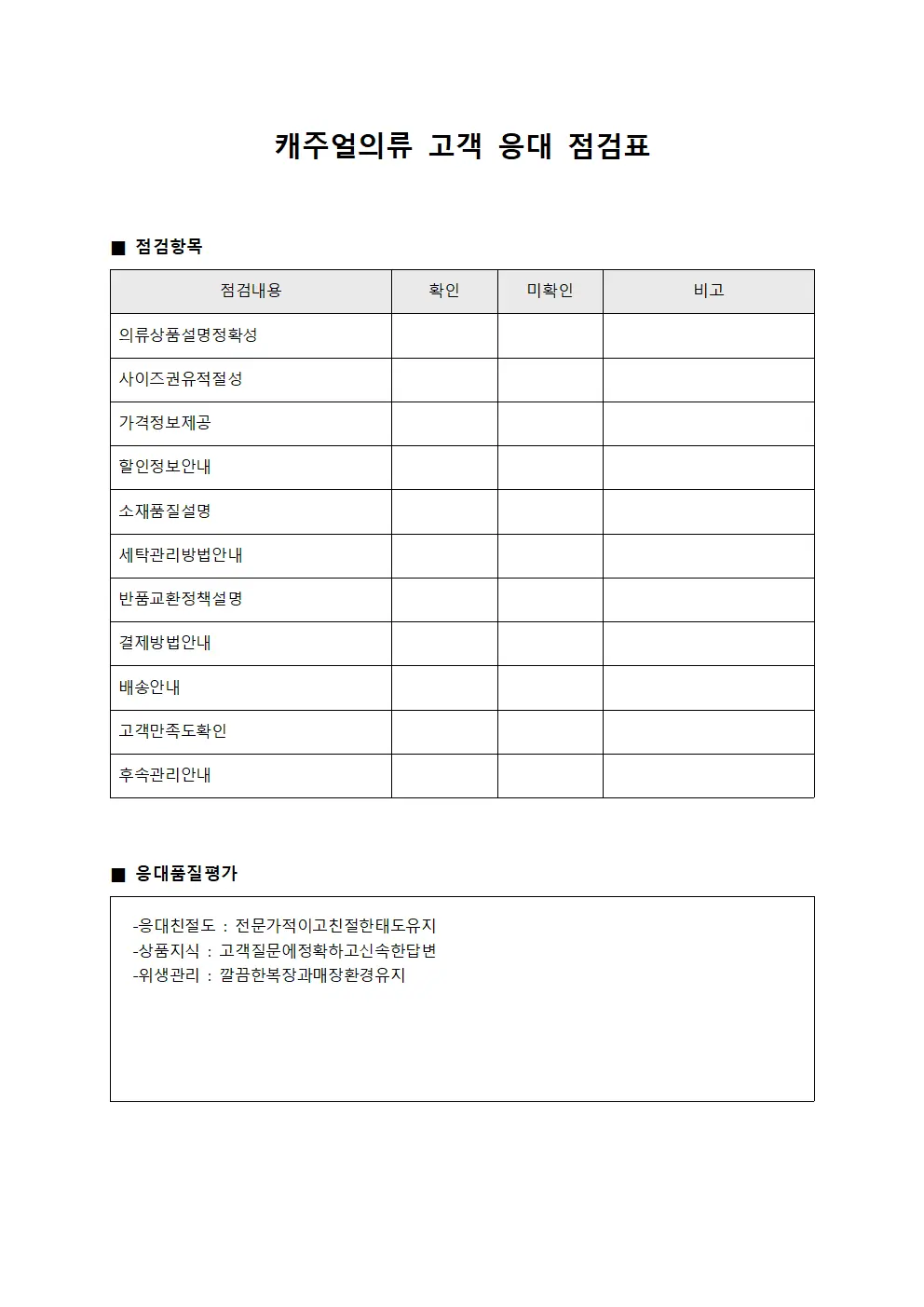 캐주얼의류 고객 응대 점검표