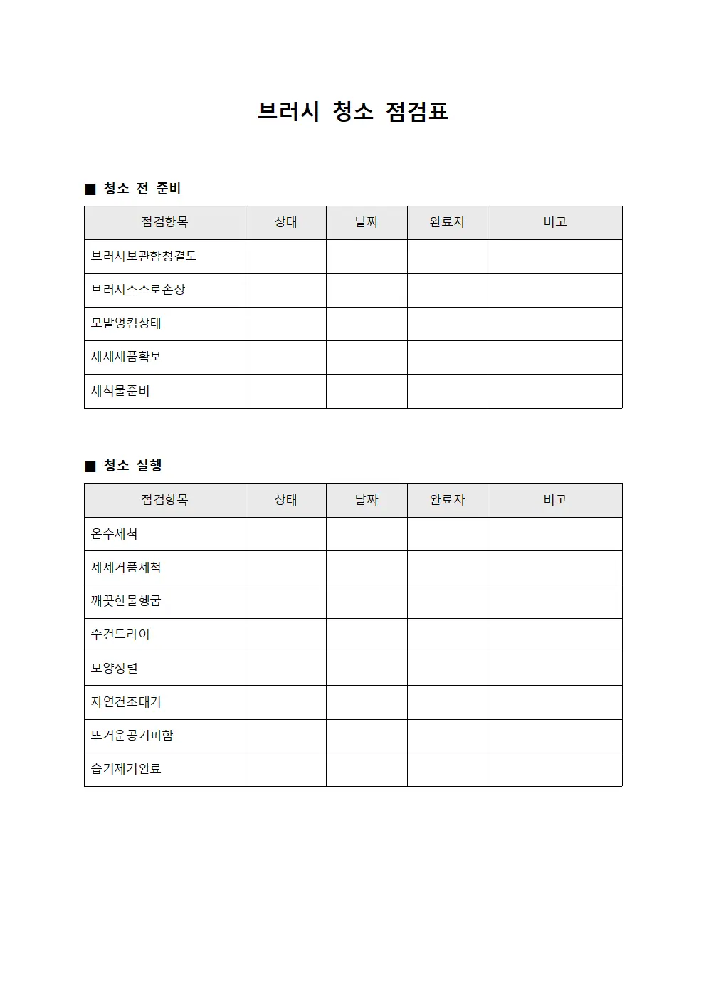 브러시 청소 점검표