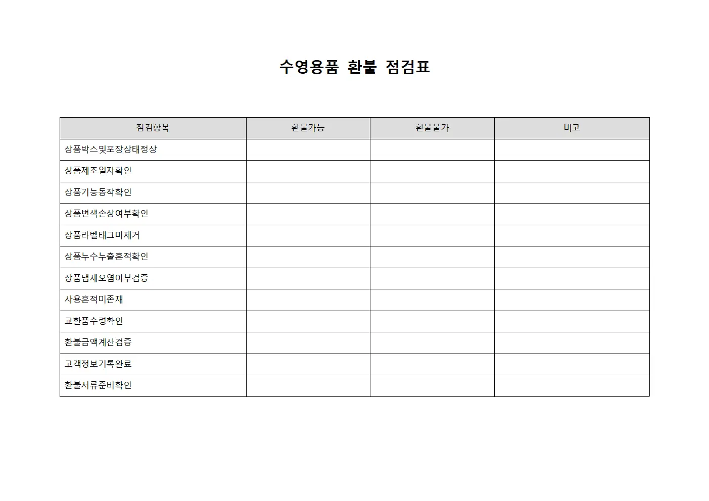수영용품 환불 점검표 서식문서