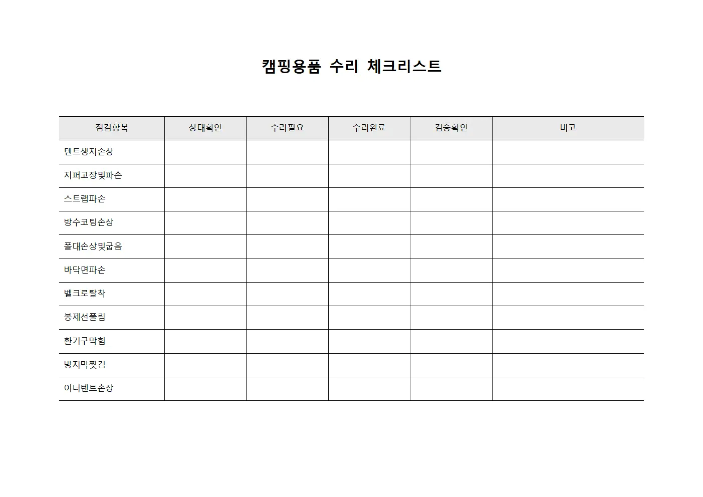 캠핑용품 수리 체크리스트