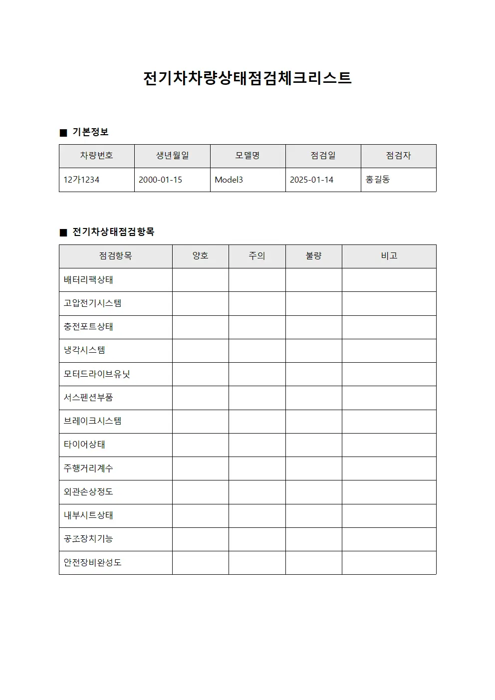 전기차차량상태점검체크리스트