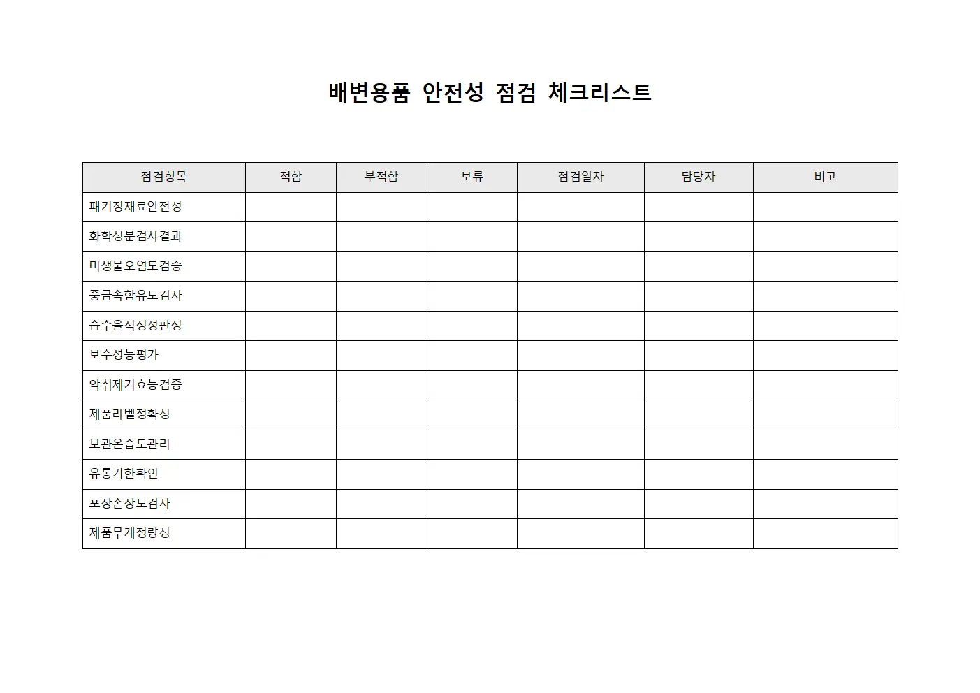 배변용품 안전성 점검 체크리스트 문서서식