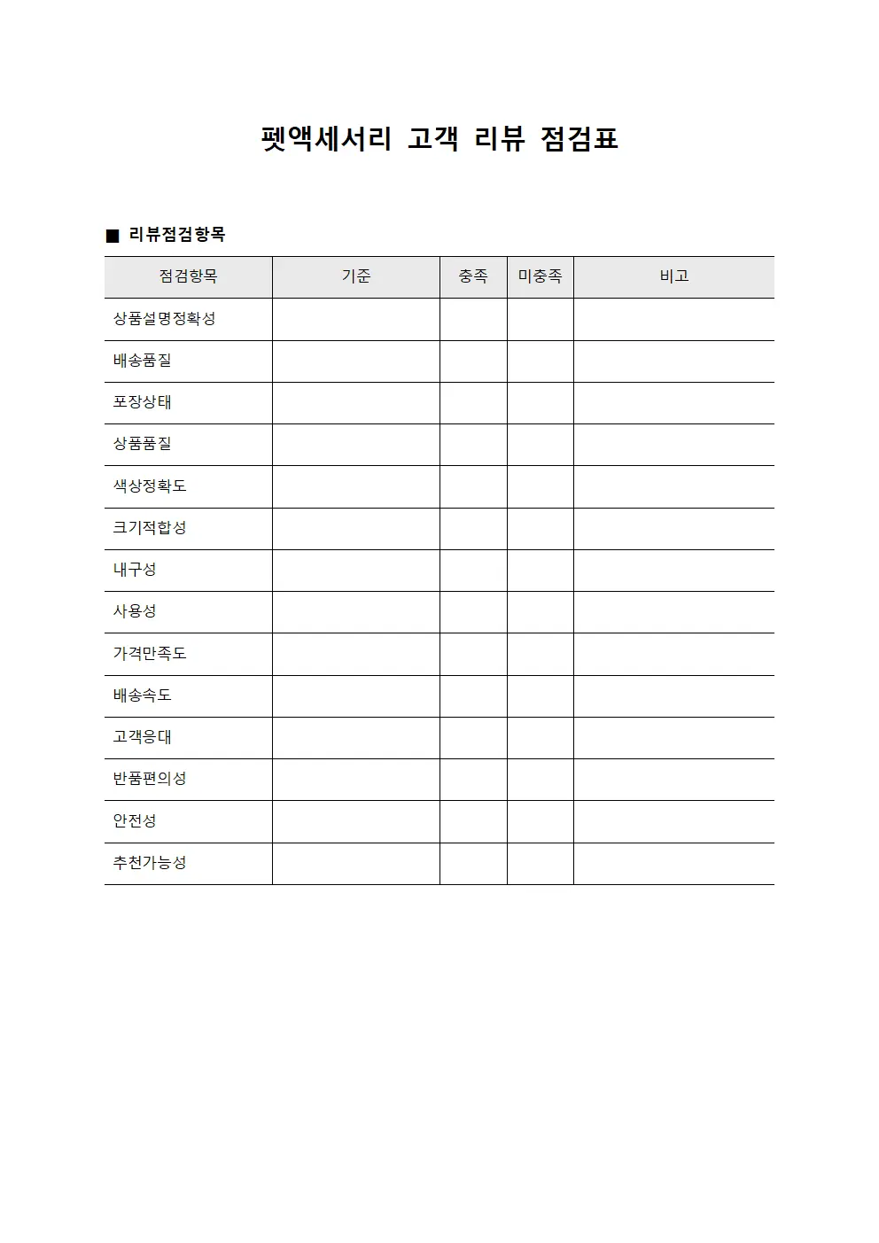 펫액세서리 고객 리뷰 점검표
