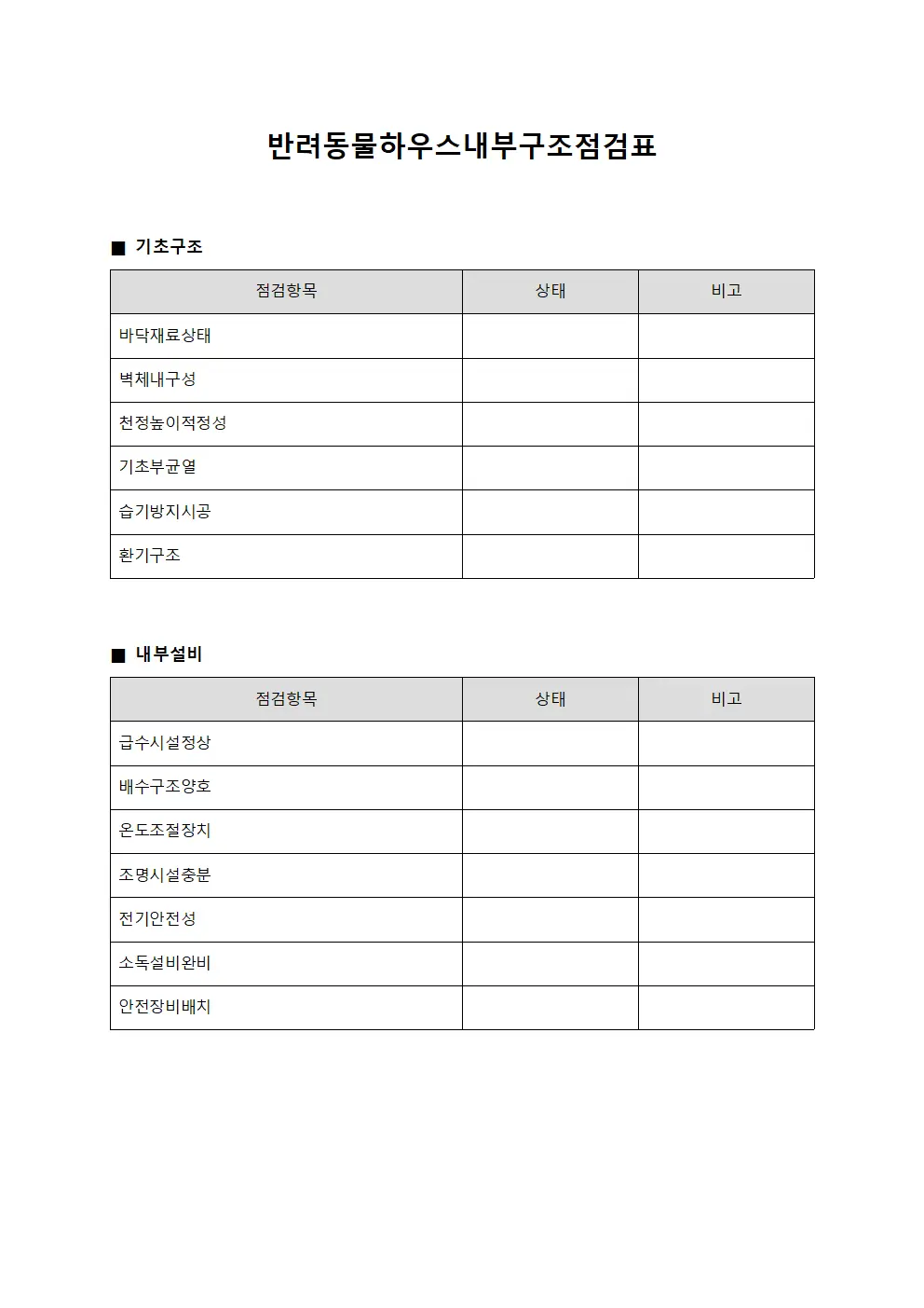 반려동물하우스내부구조점검표