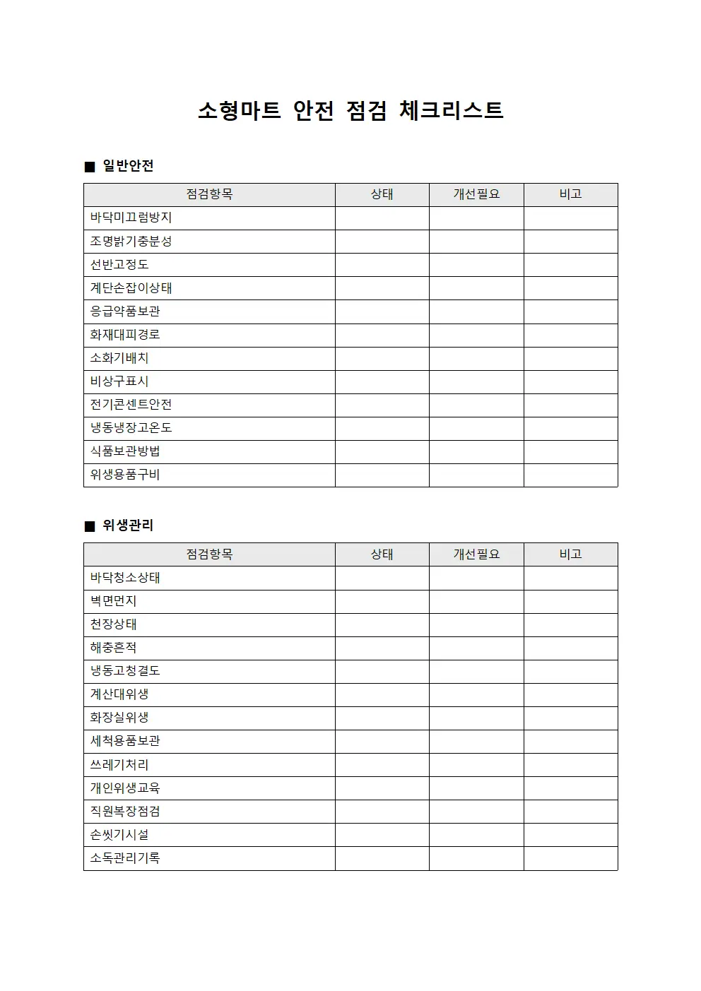 소형마트 안전 점검 체크리스트 서식문서