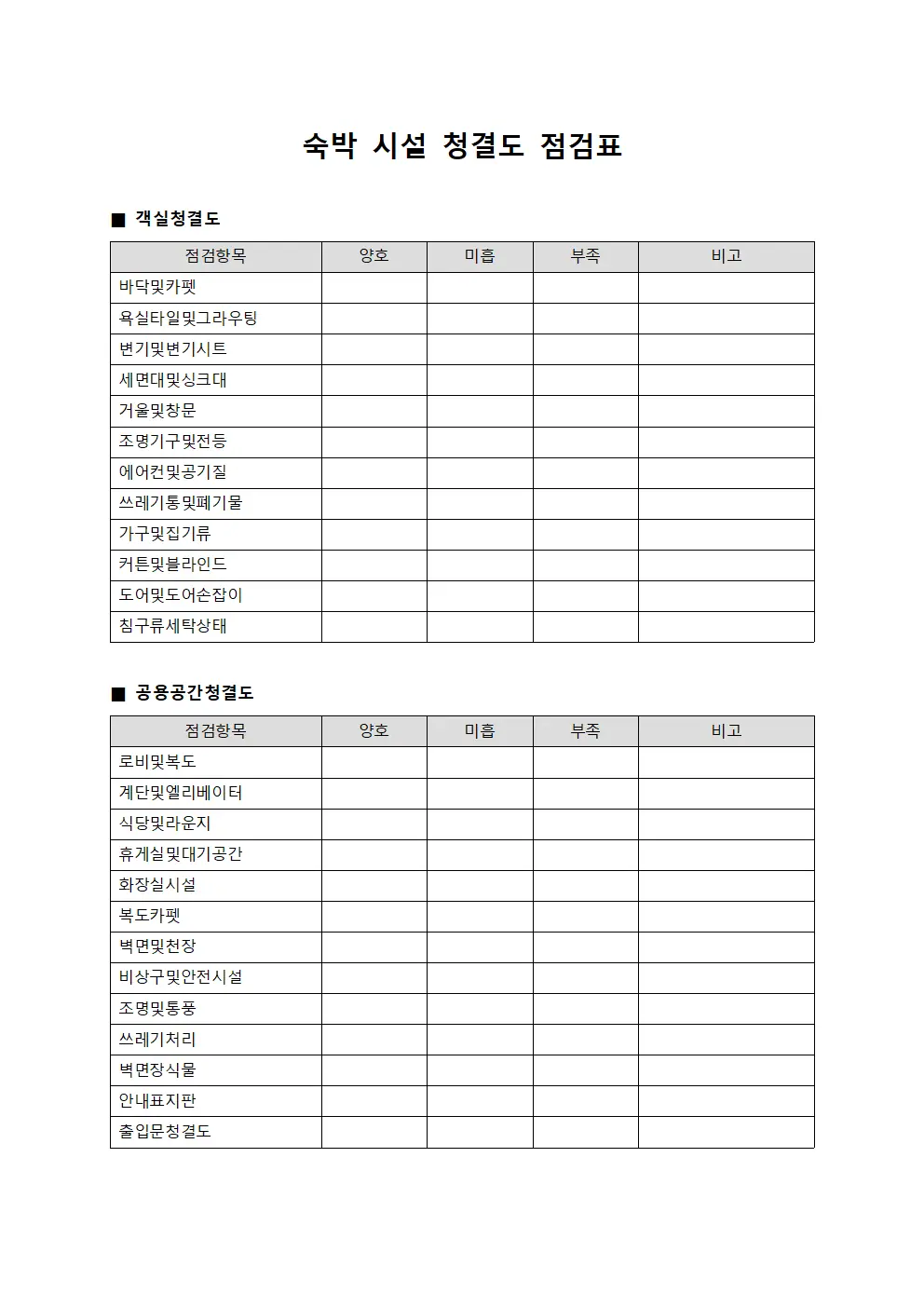 숙박 시설 청결도 점검표
