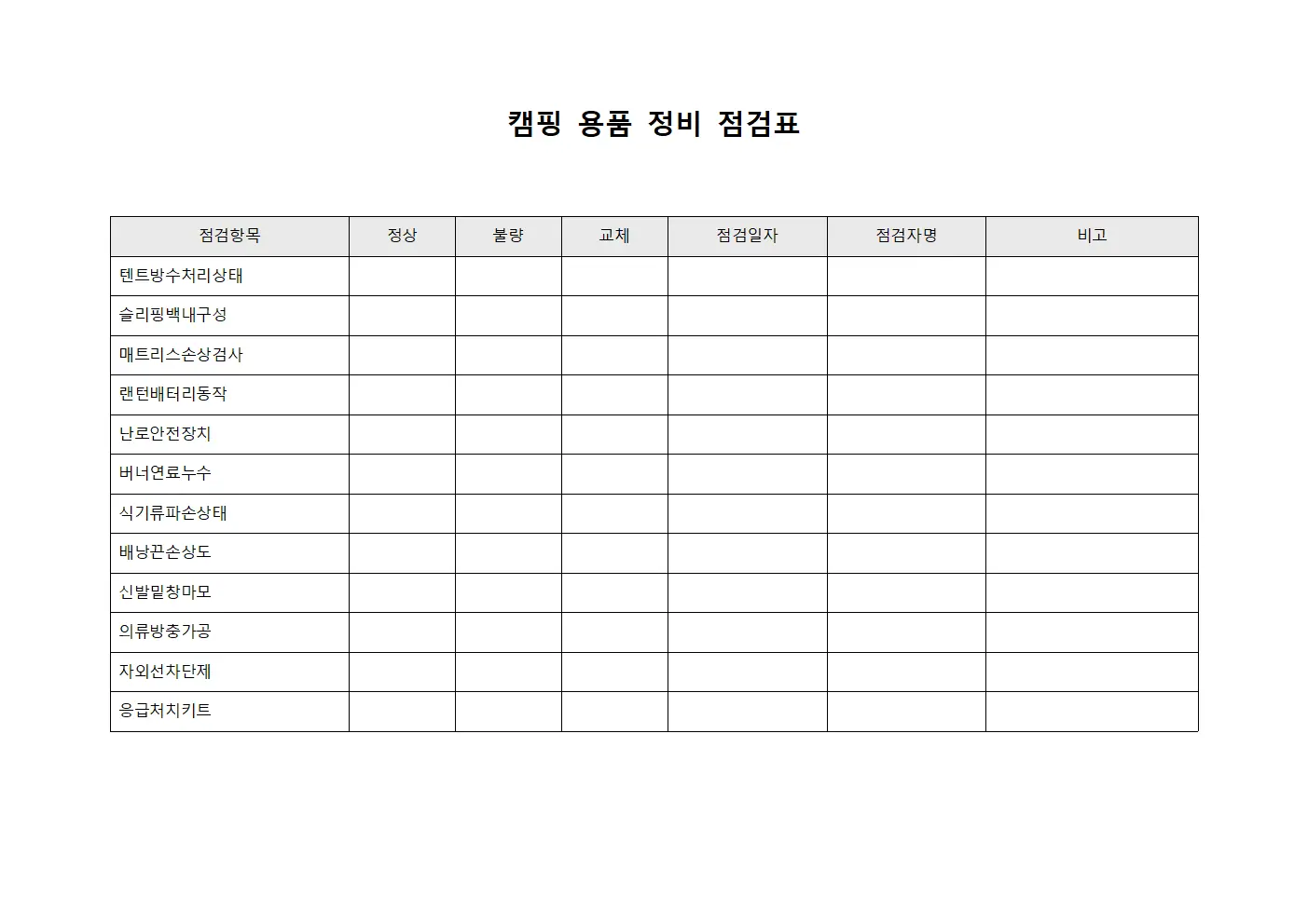 캠핑 용품 정비 점검표 문서.서식