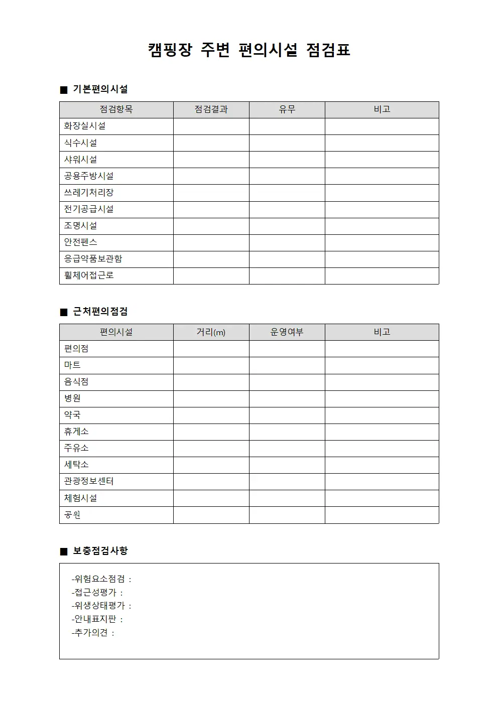 캠핑장 주변 편의시설 점검표