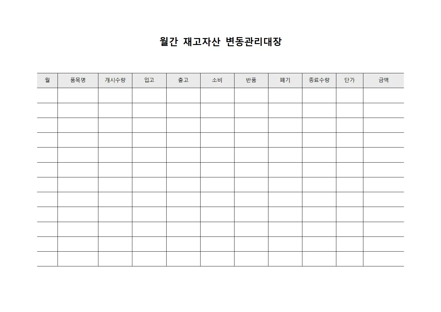 월간 재고자산 변동관리대장