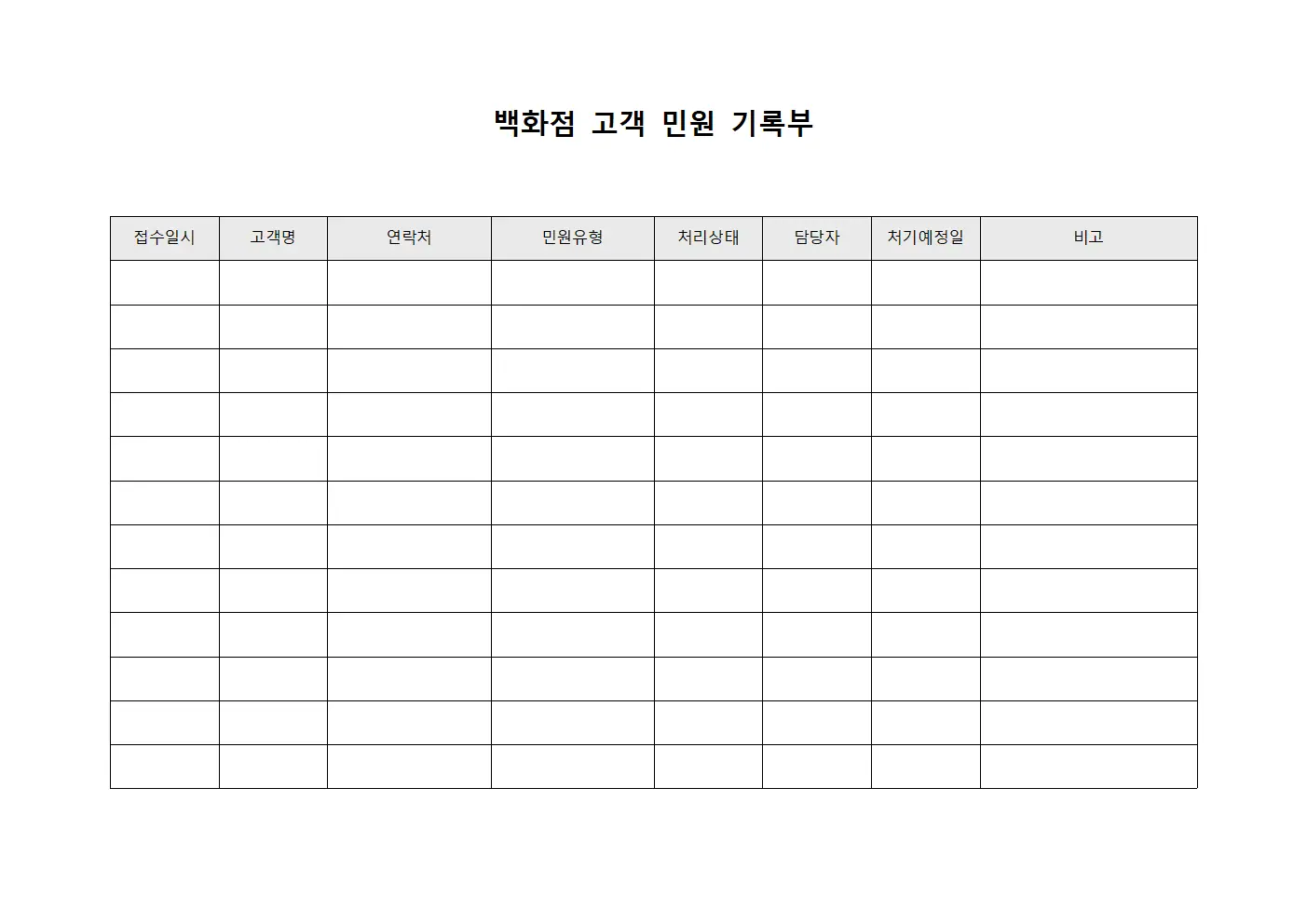 백화점 고객 민원 기록부 서식문서