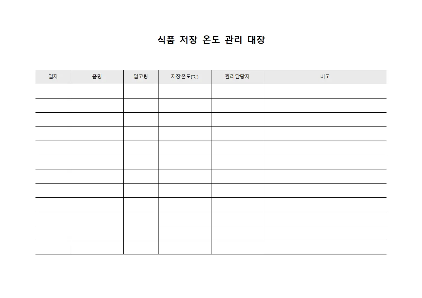 식품 저장 온도 관리 대장