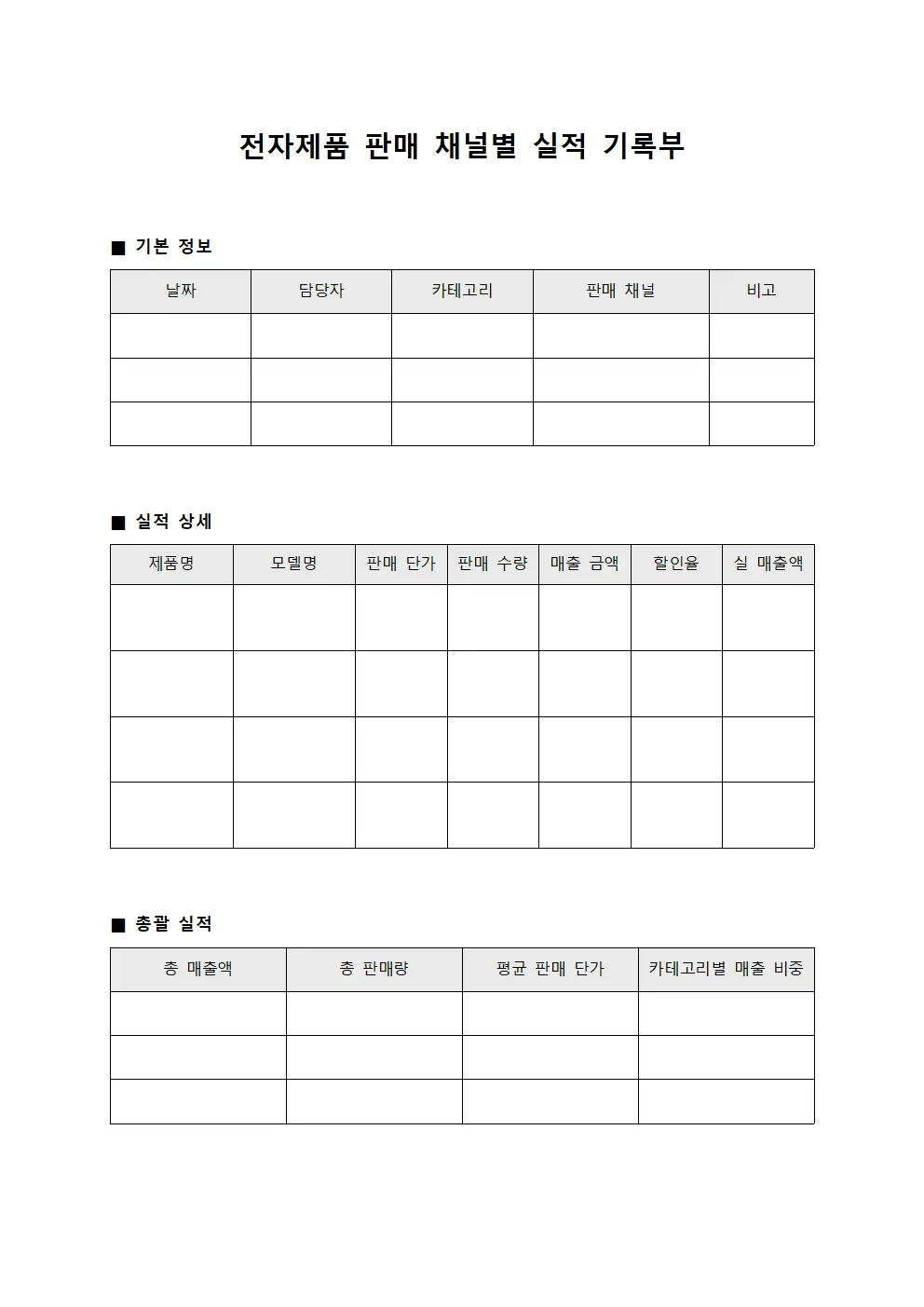 전자제품 판매 채널별 실적 기록부 양식