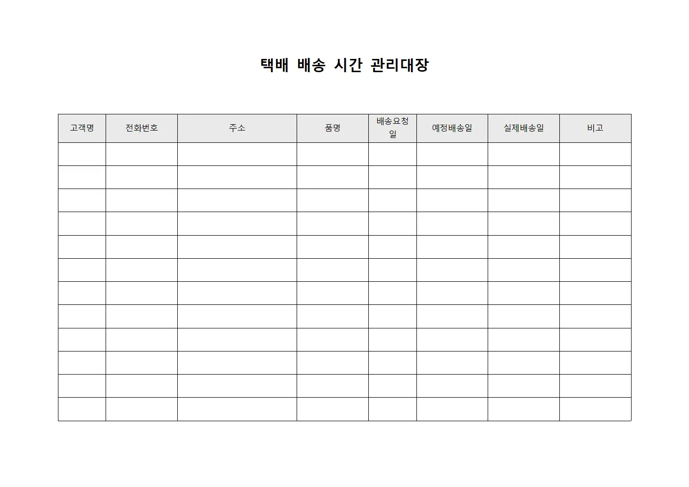 택배 배송 시간 관리대장
