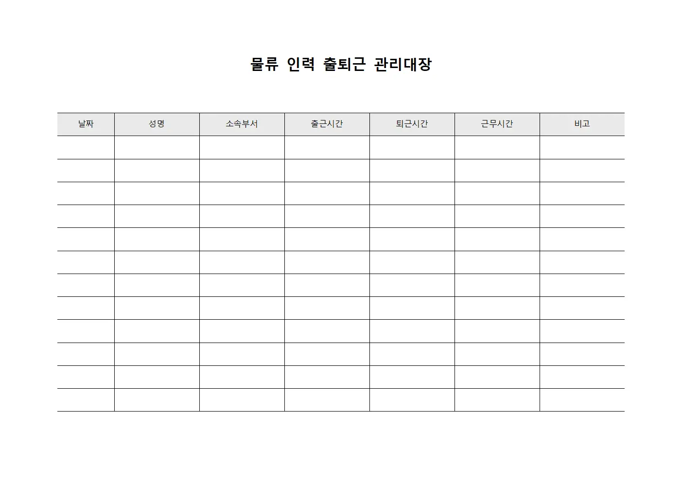물류 인력 출퇴근 관리대장 템플릿 양식