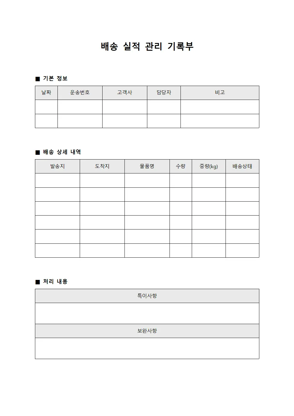 배송 실적 관리 기록부 템플릿
