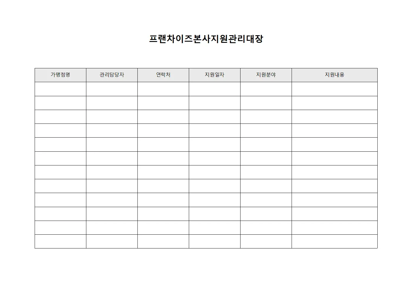 프랜차이즈본사지원관리대장 양식문서