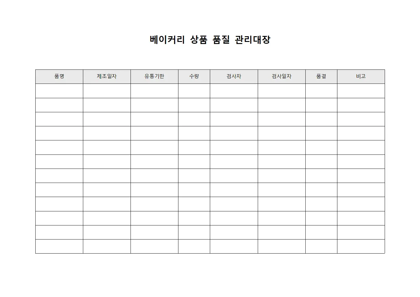 베이커리 상품 품질 관리대장