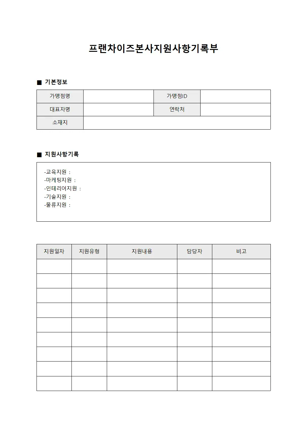 프랜차이즈본사지원사항기록부