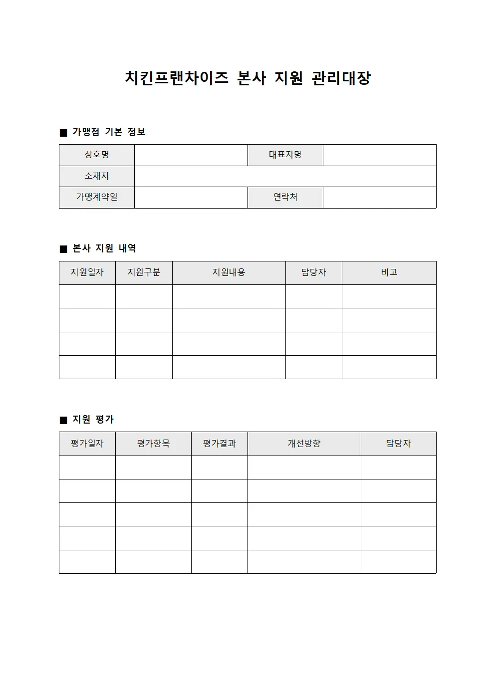 치킨프랜차이즈 본사 지원 관리대장 템플릿