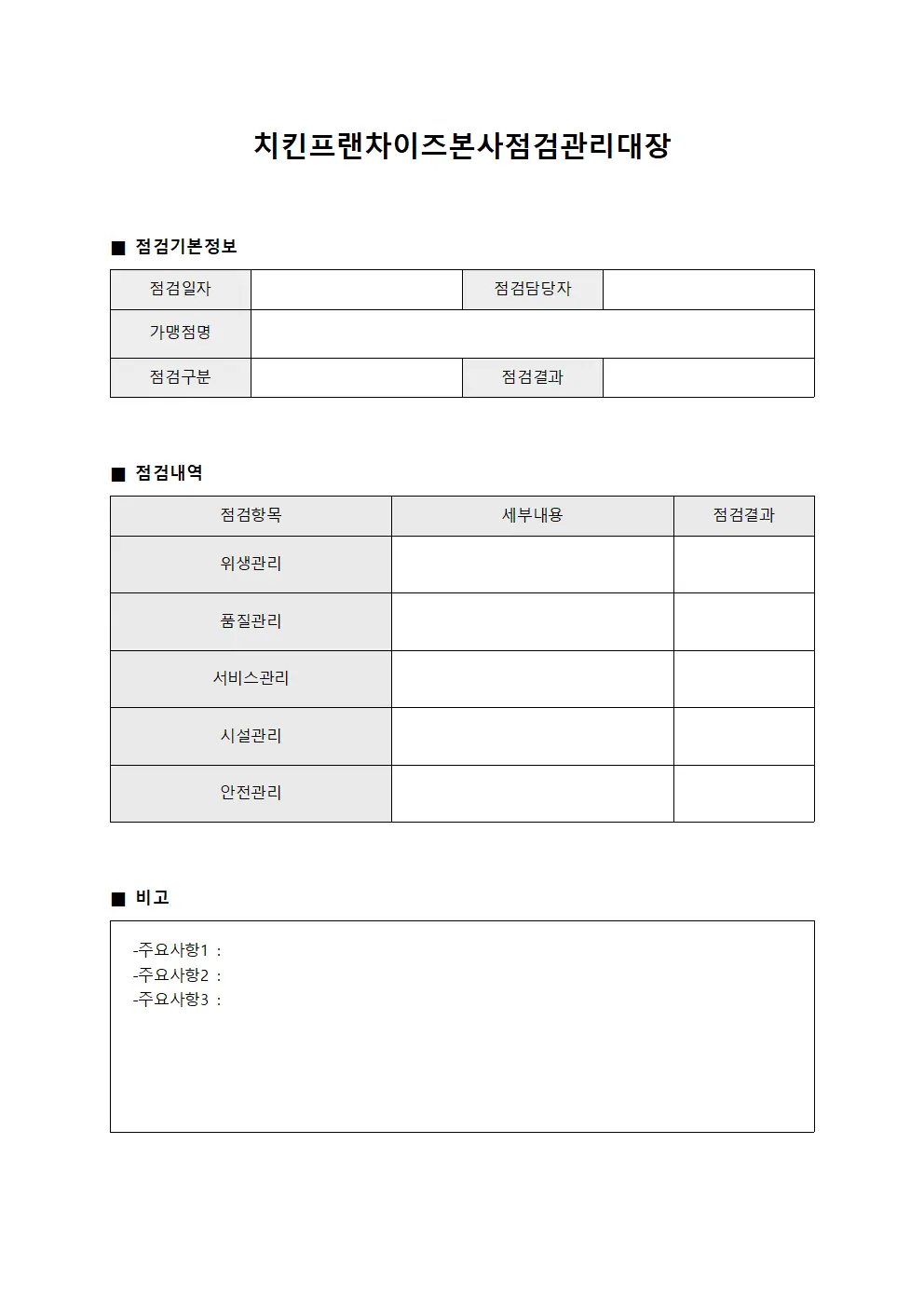 치킨프랜차이즈본사점검관리대장 템플릿 서식