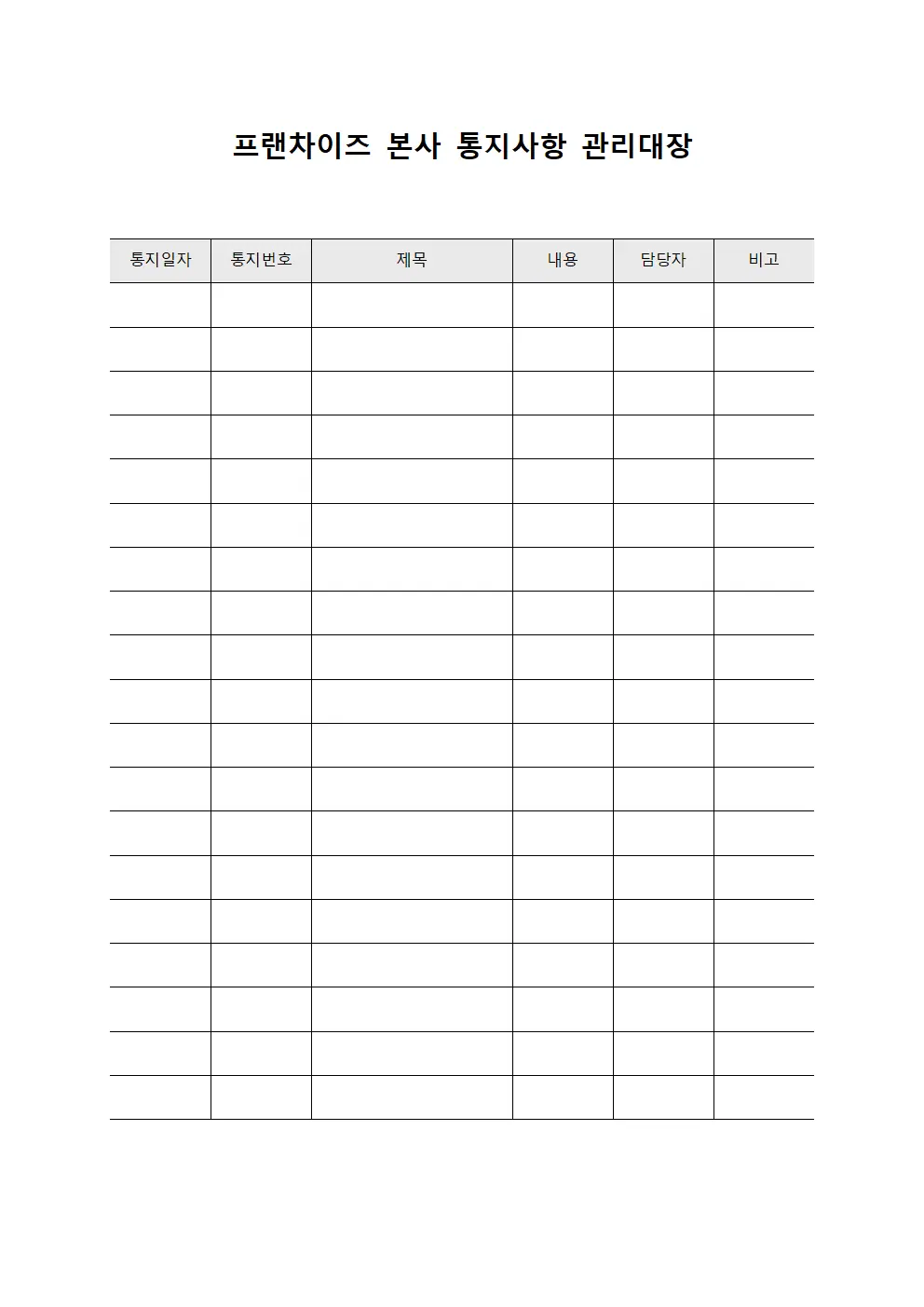 프랜차이즈 본사 통지사항 관리대장