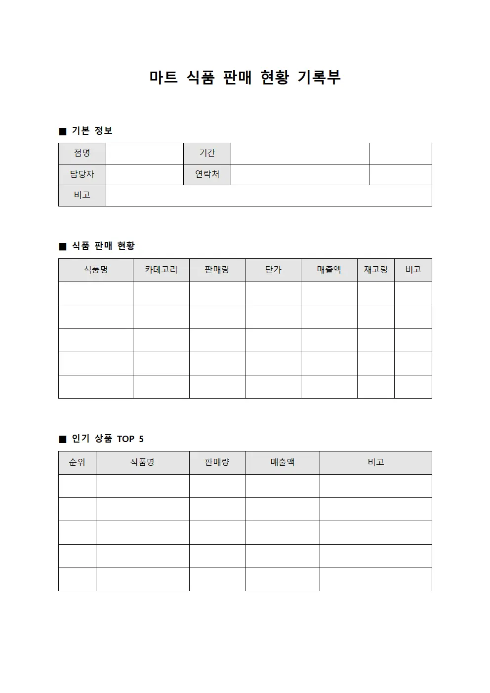 마트 식품 판매 현황 기록부