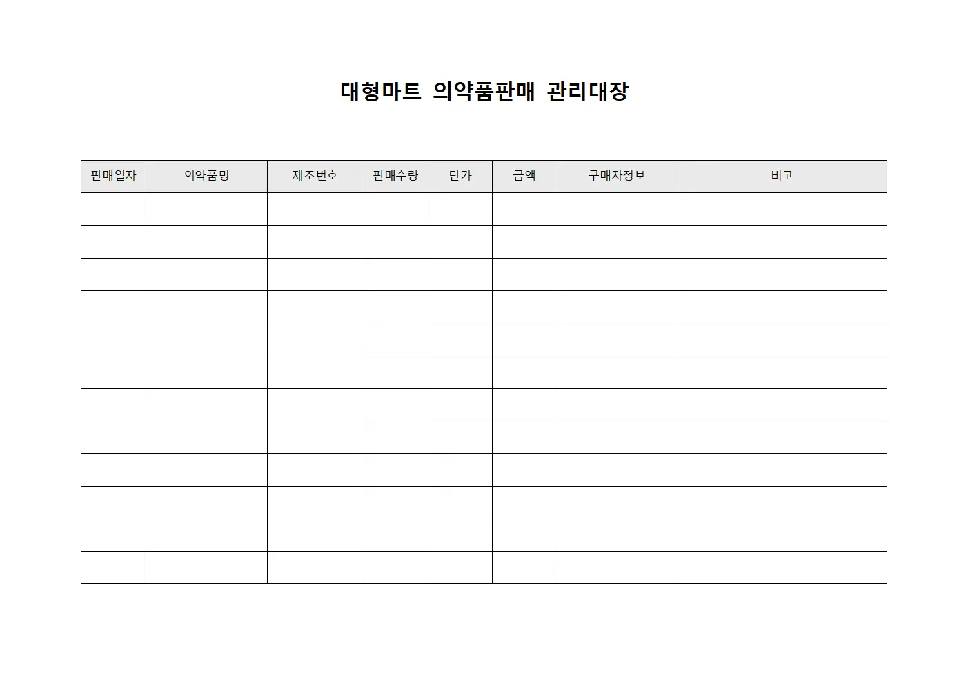 대형마트 의약품판매 관리대장 양식