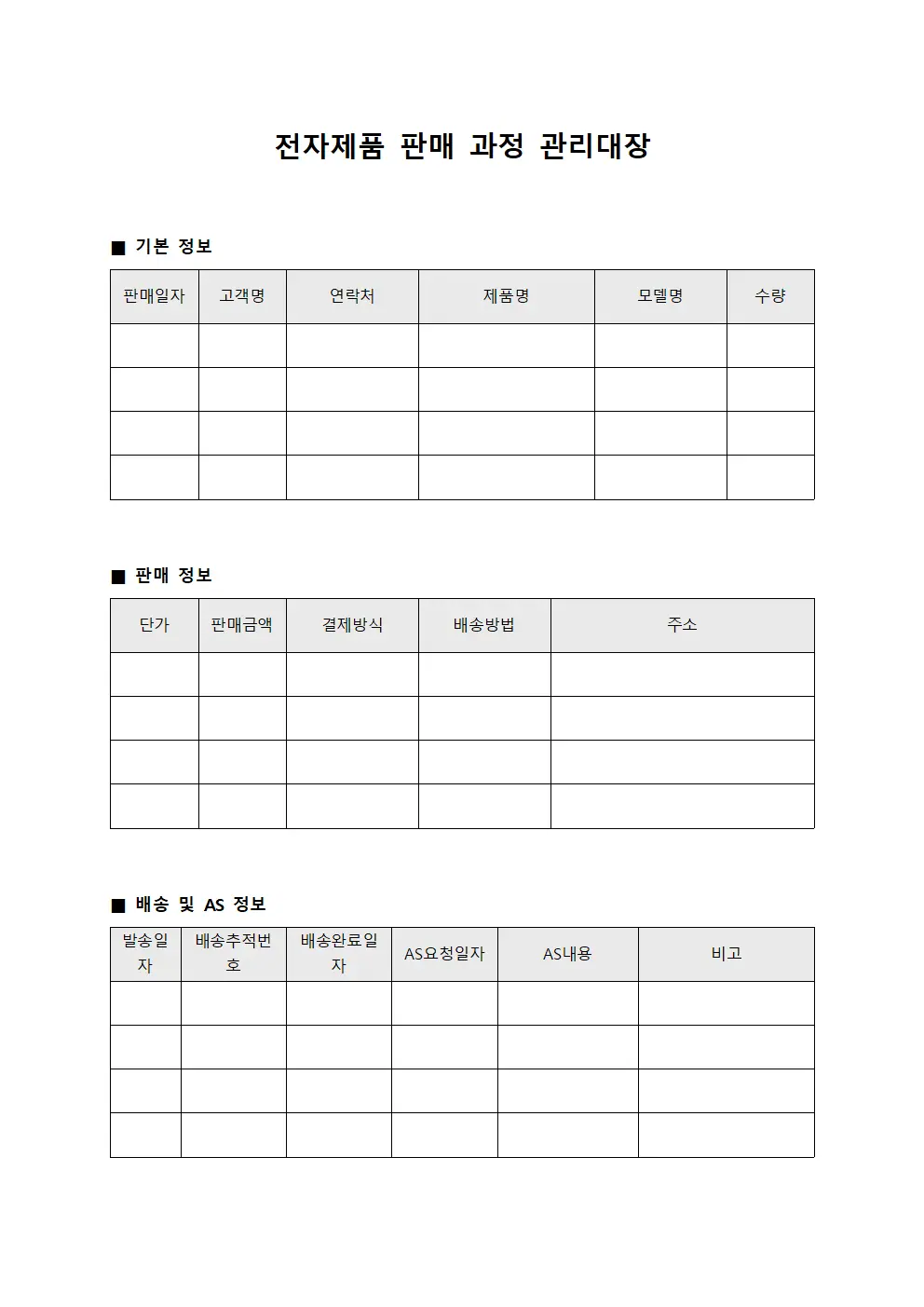 전자제품 판매 과정 관리대장 템플릿