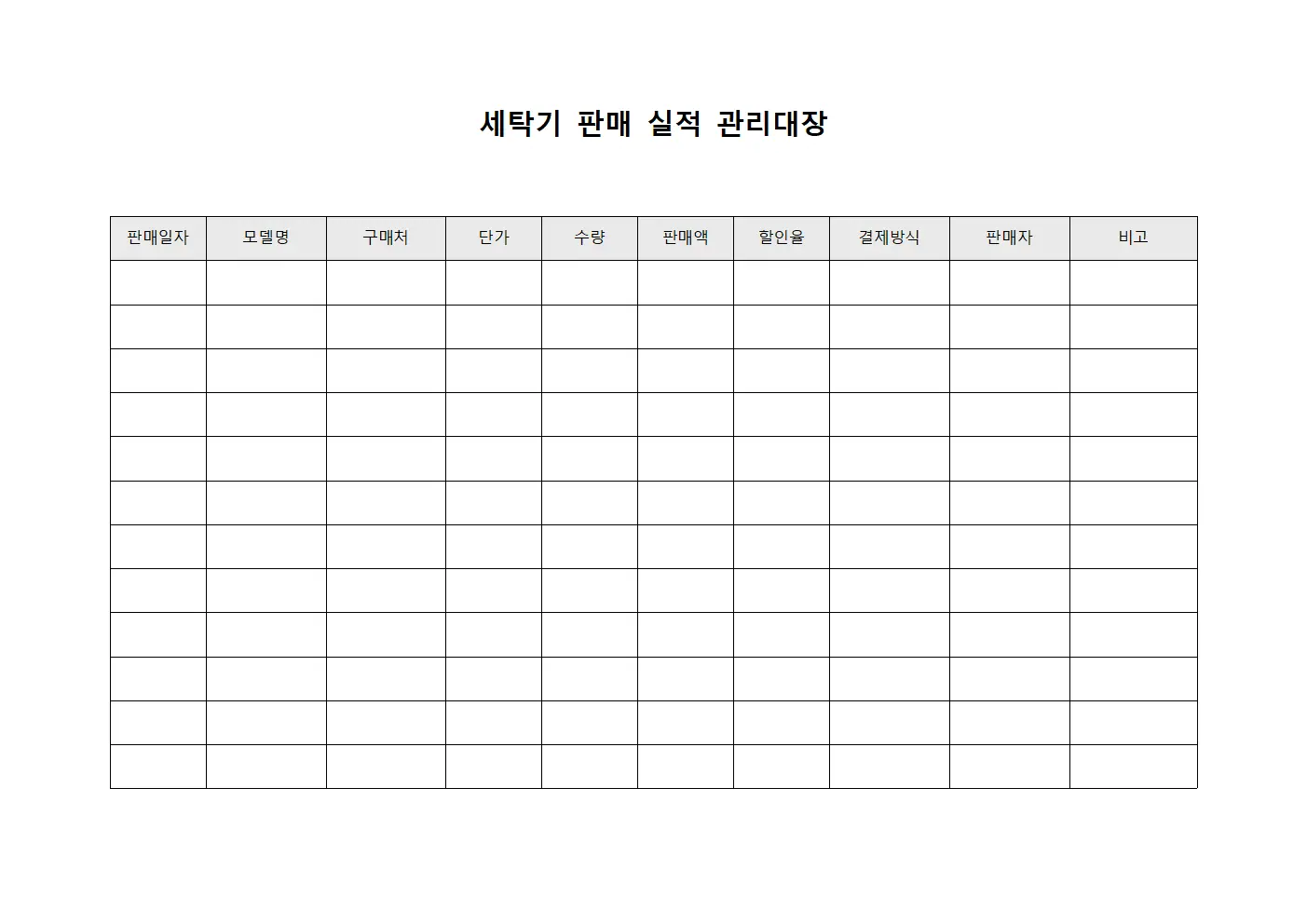 세탁기 판매 실적 관리대장