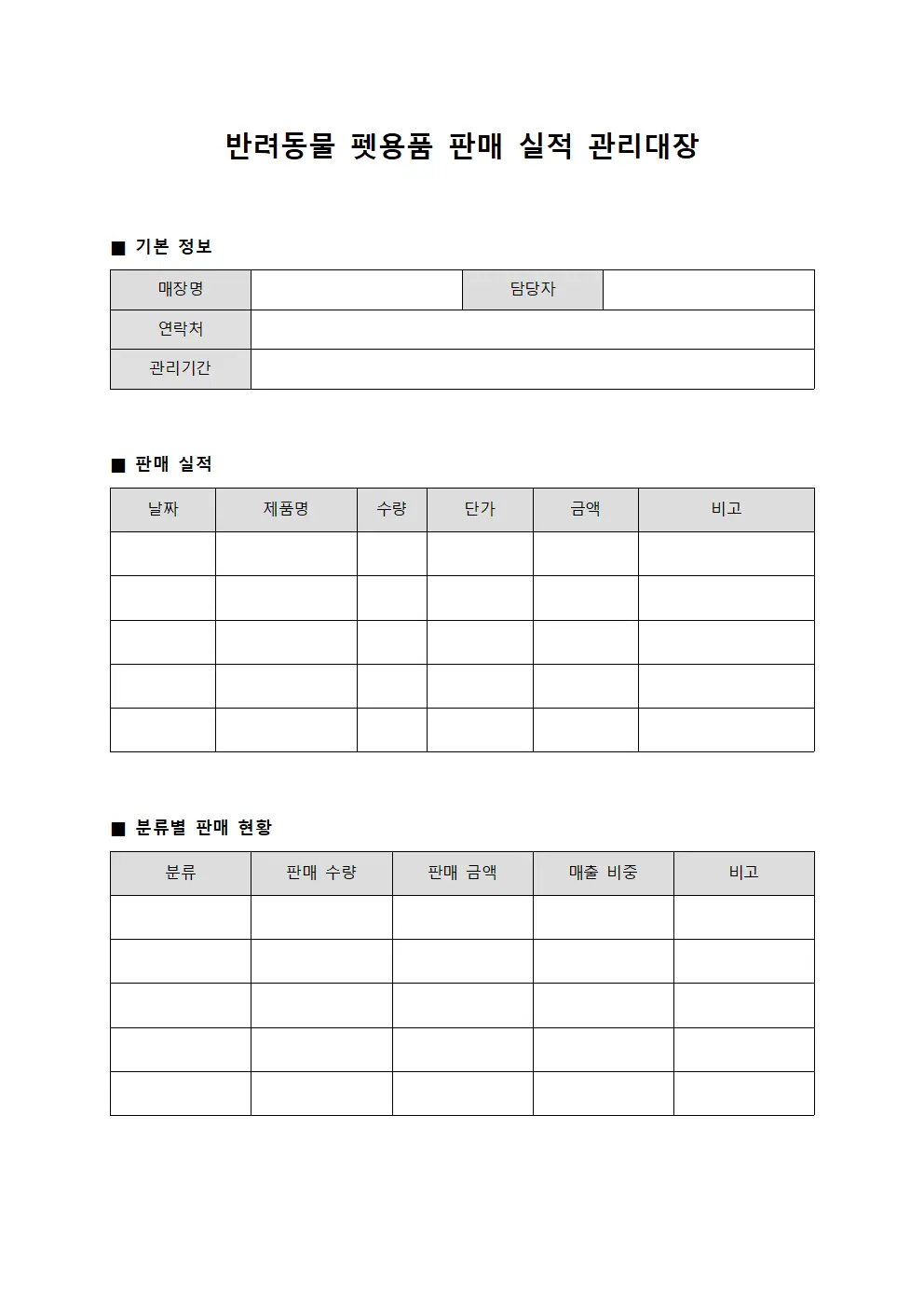 반려동물 펫용품 판매 실적 관리대장