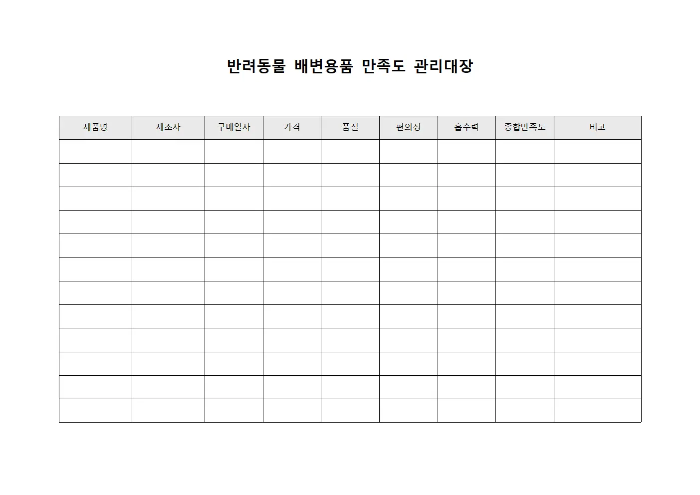 반려동물 배변용품 만족도 관리대장
