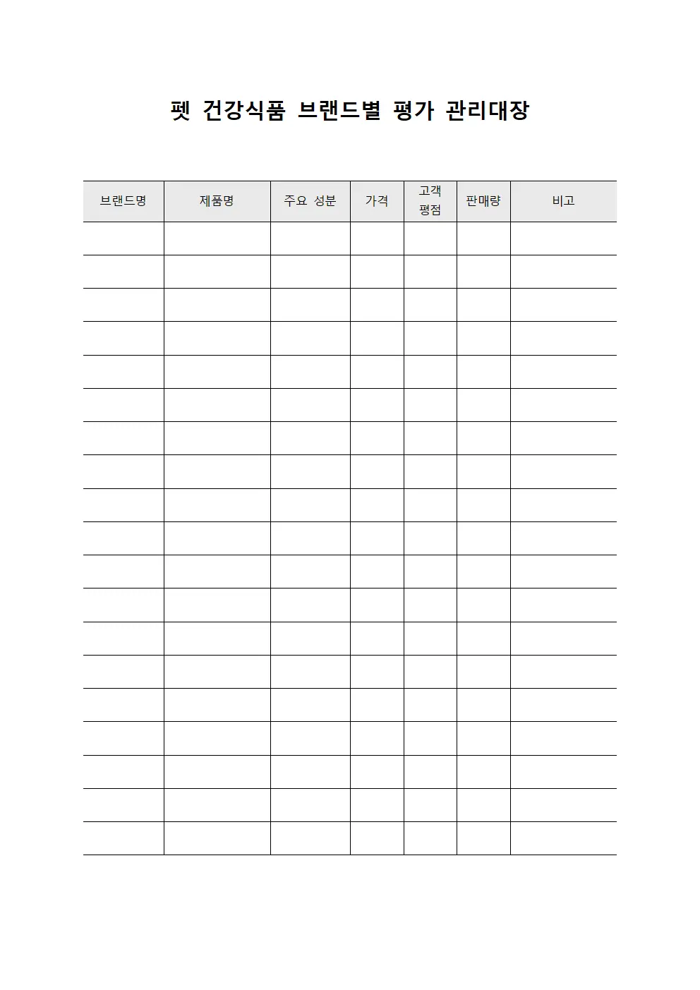 펫 건강식품 브랜드별 평가 관리대장