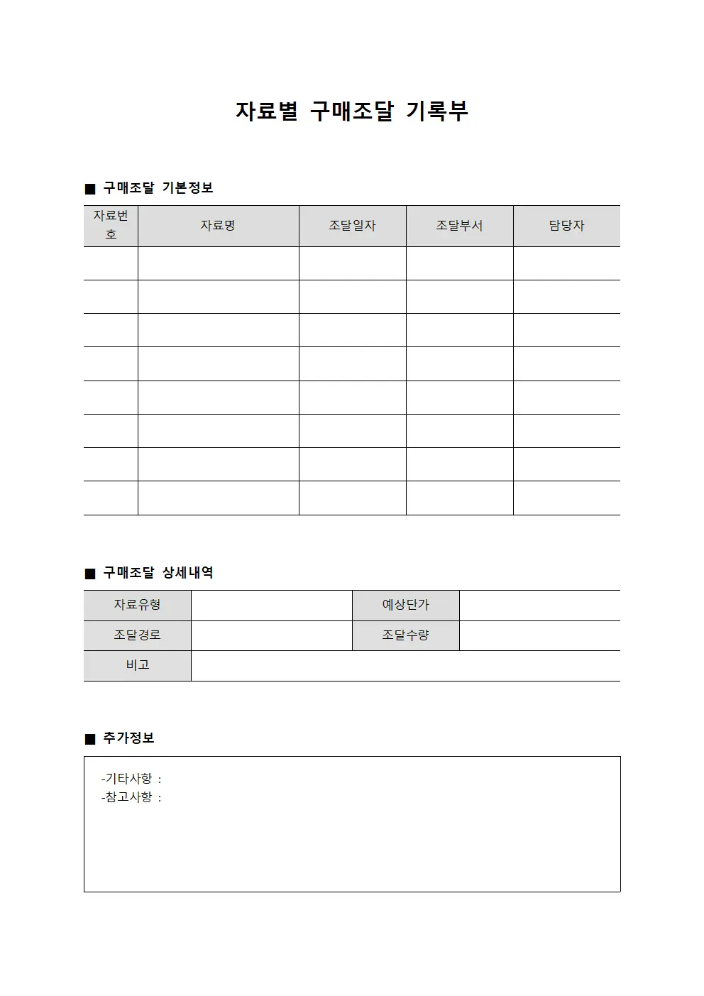 자료별 구매조달 기록부