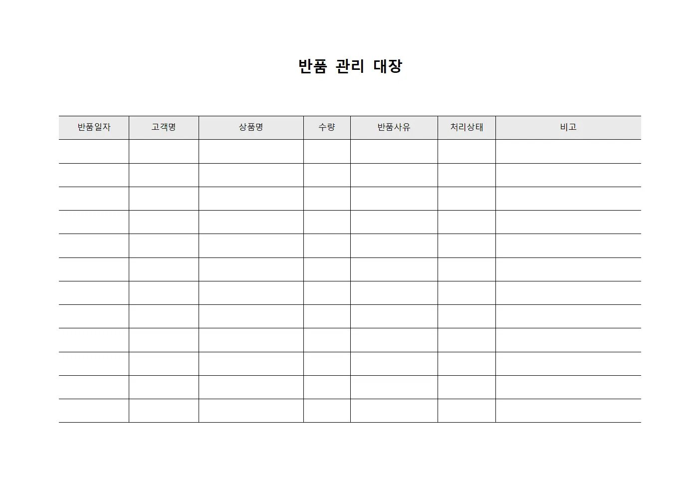 반품 관리 대장 서식문서