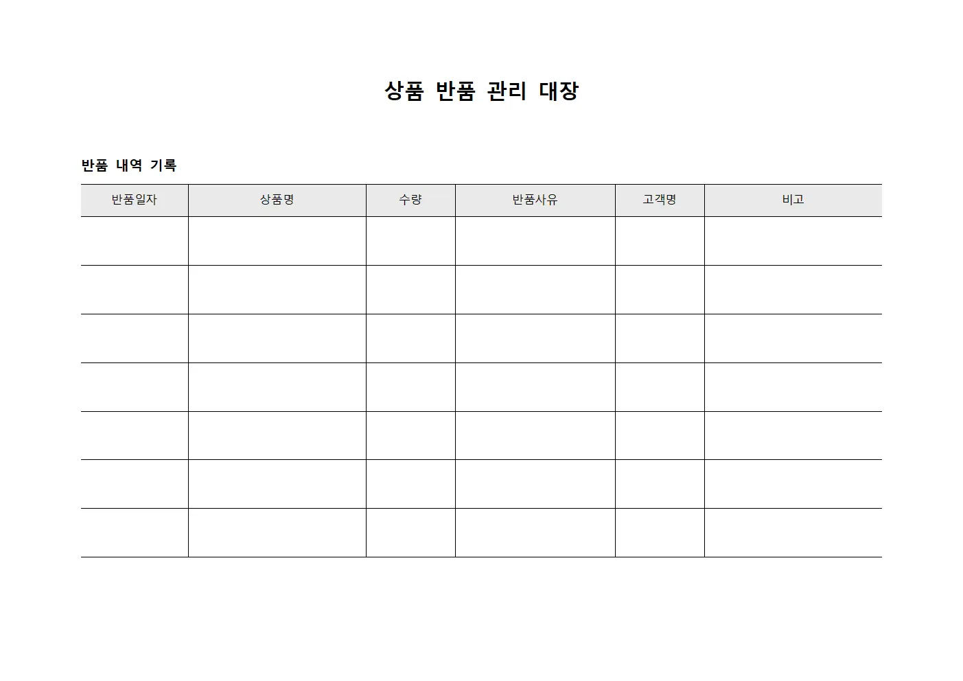 상품 반품 관리 대장 양식문서