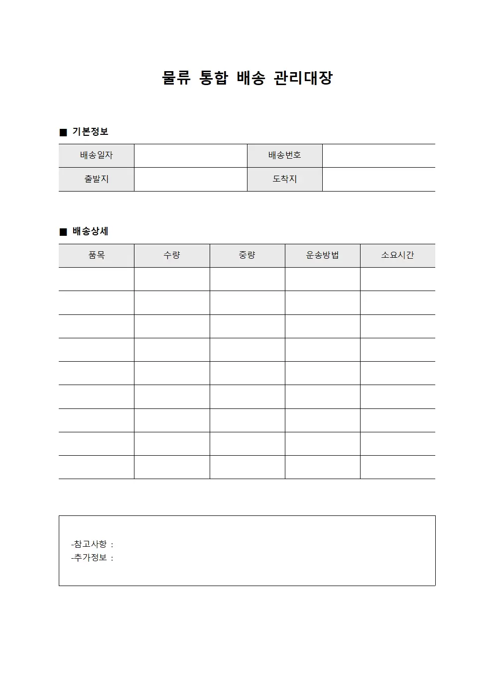 물류 통합 배송 관리대장