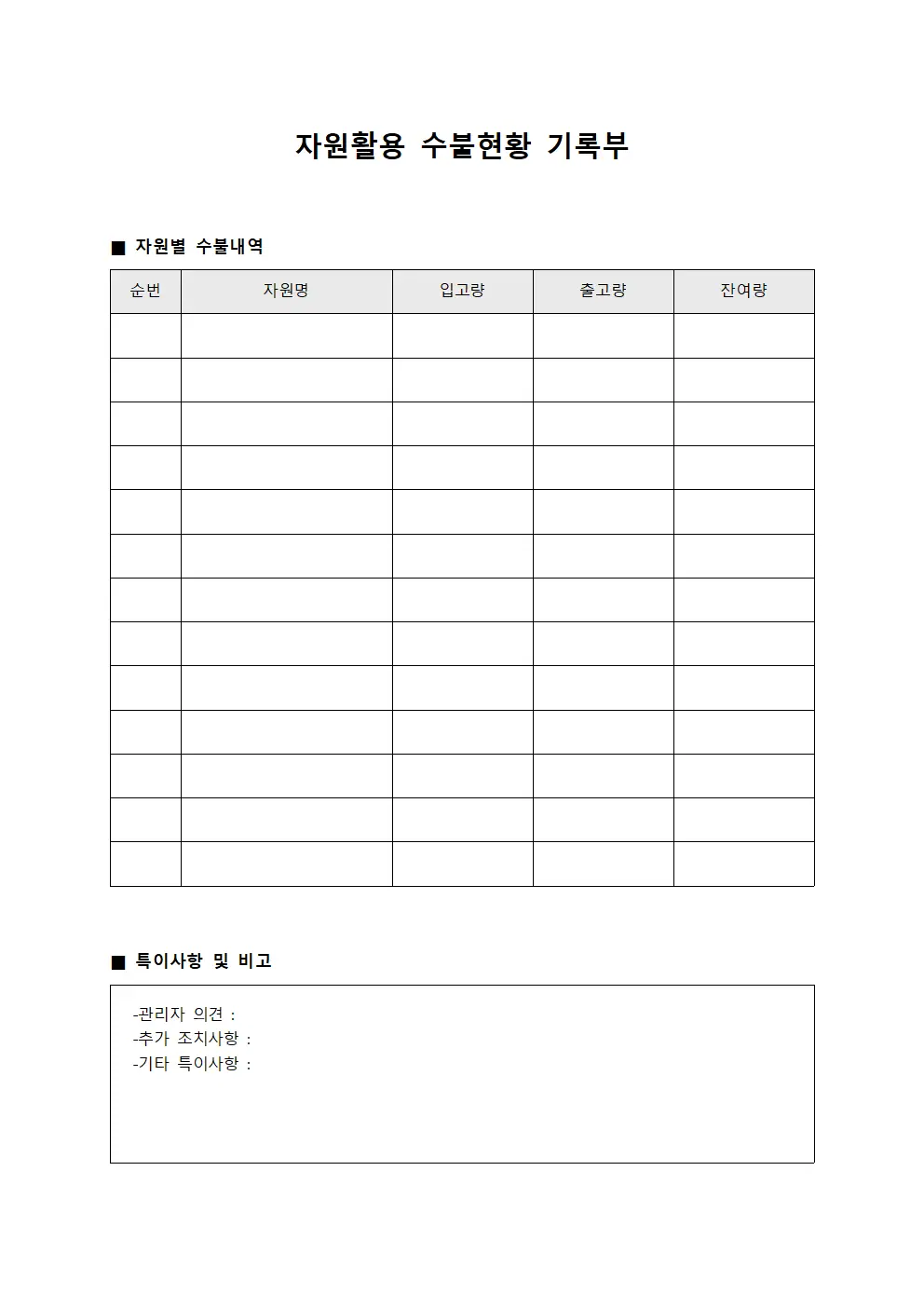자원활용 수불현황 기록부