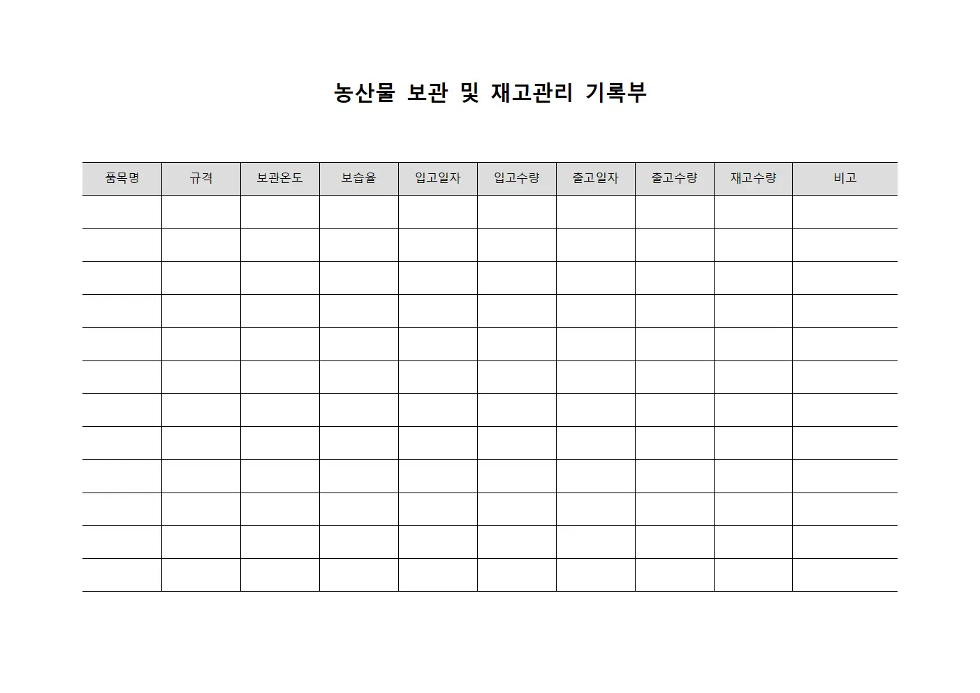 농산물 보관 및 재고관리 기록부 템플릿