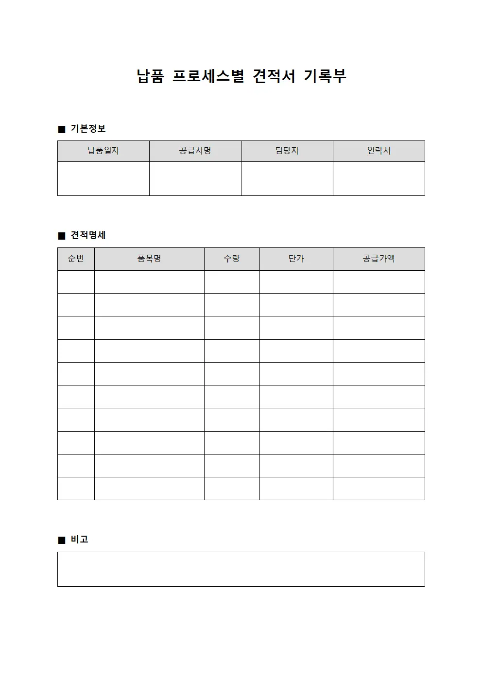 납품 프로세스별 견적서 기록부 양식.서식