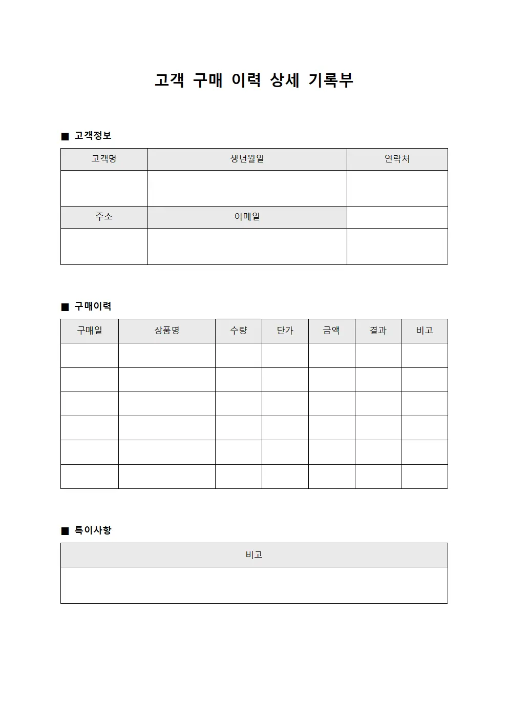 고객 구매 이력 상세 기록부