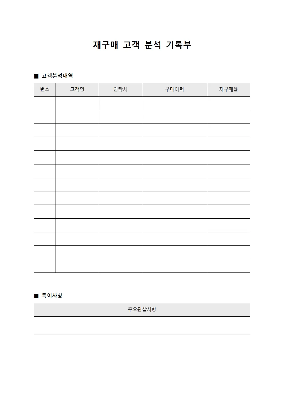 재구매 고객 분석 기록부 파일양식