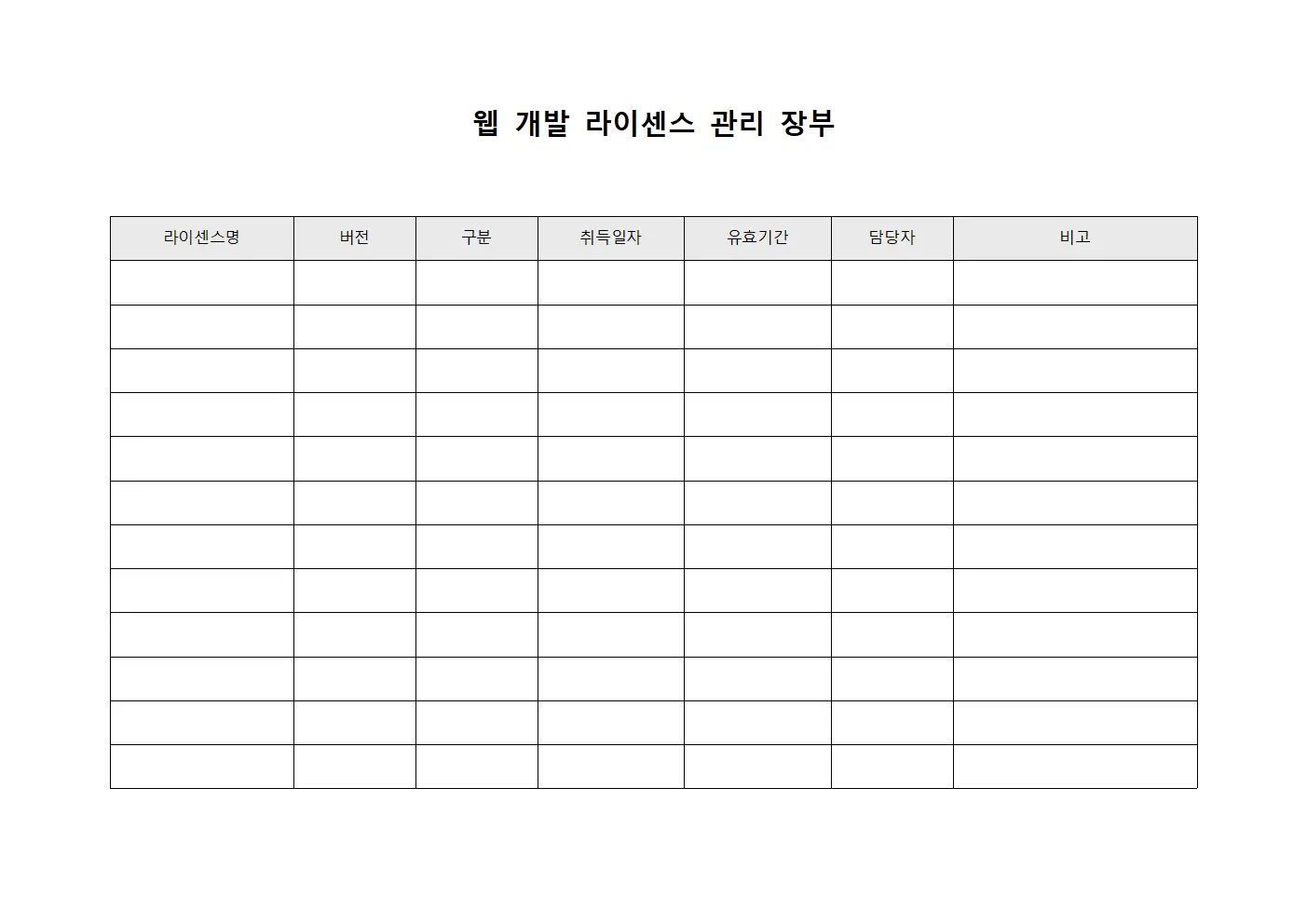웹 개발 라이센스 관리 장부 템플릿 서식