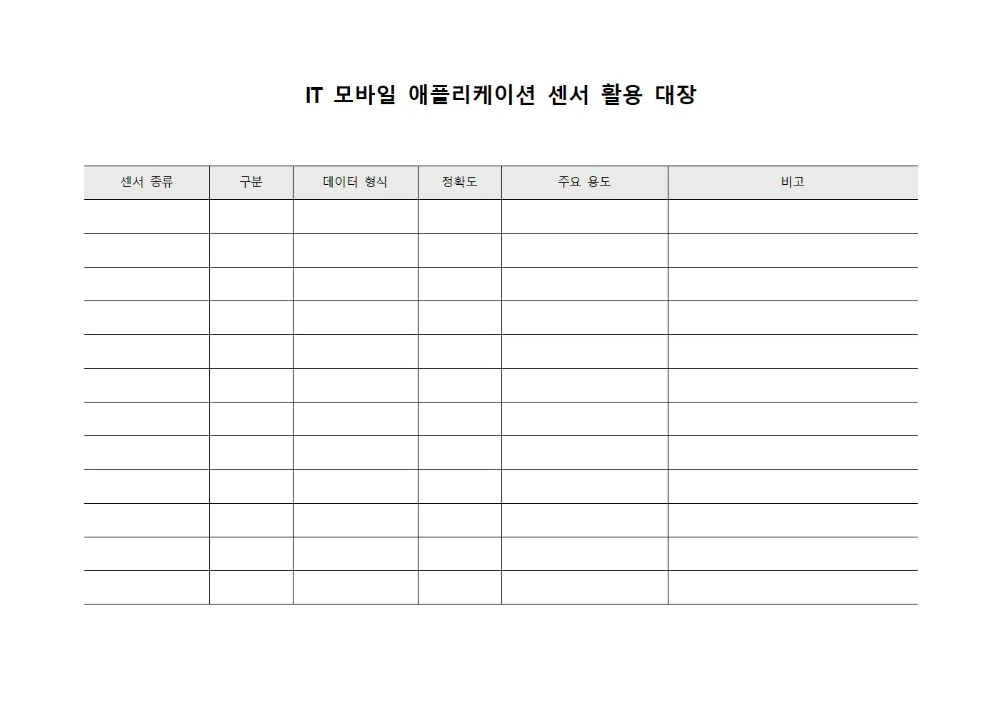 IT 모바일 애플리케이션 센서 활용 대장 양식문서