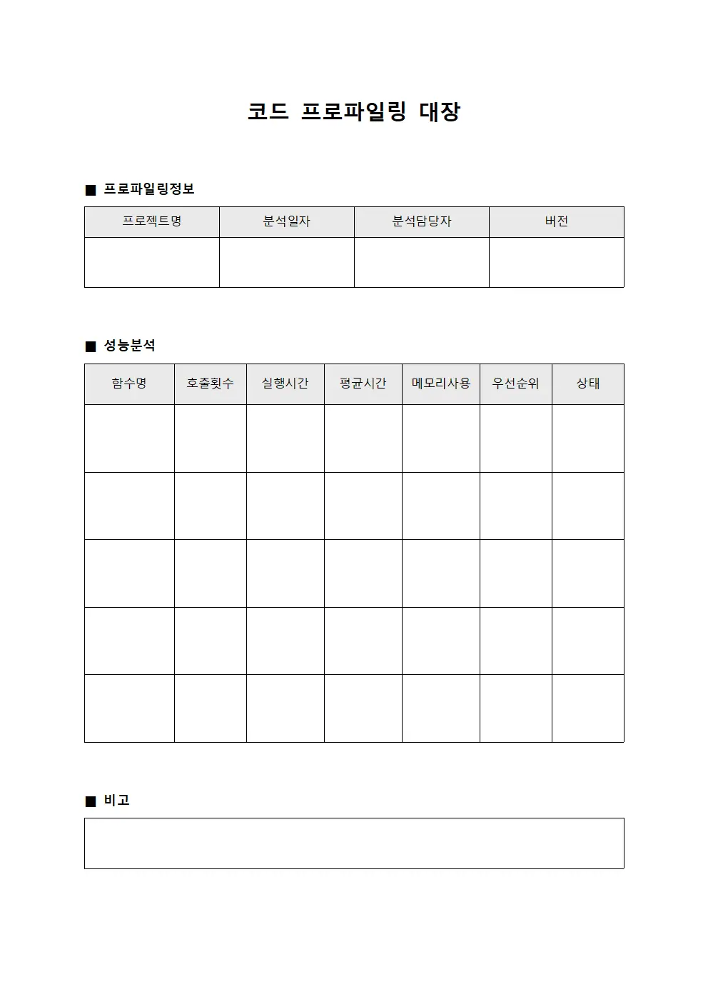코드 프로파일링 대장 양식파일