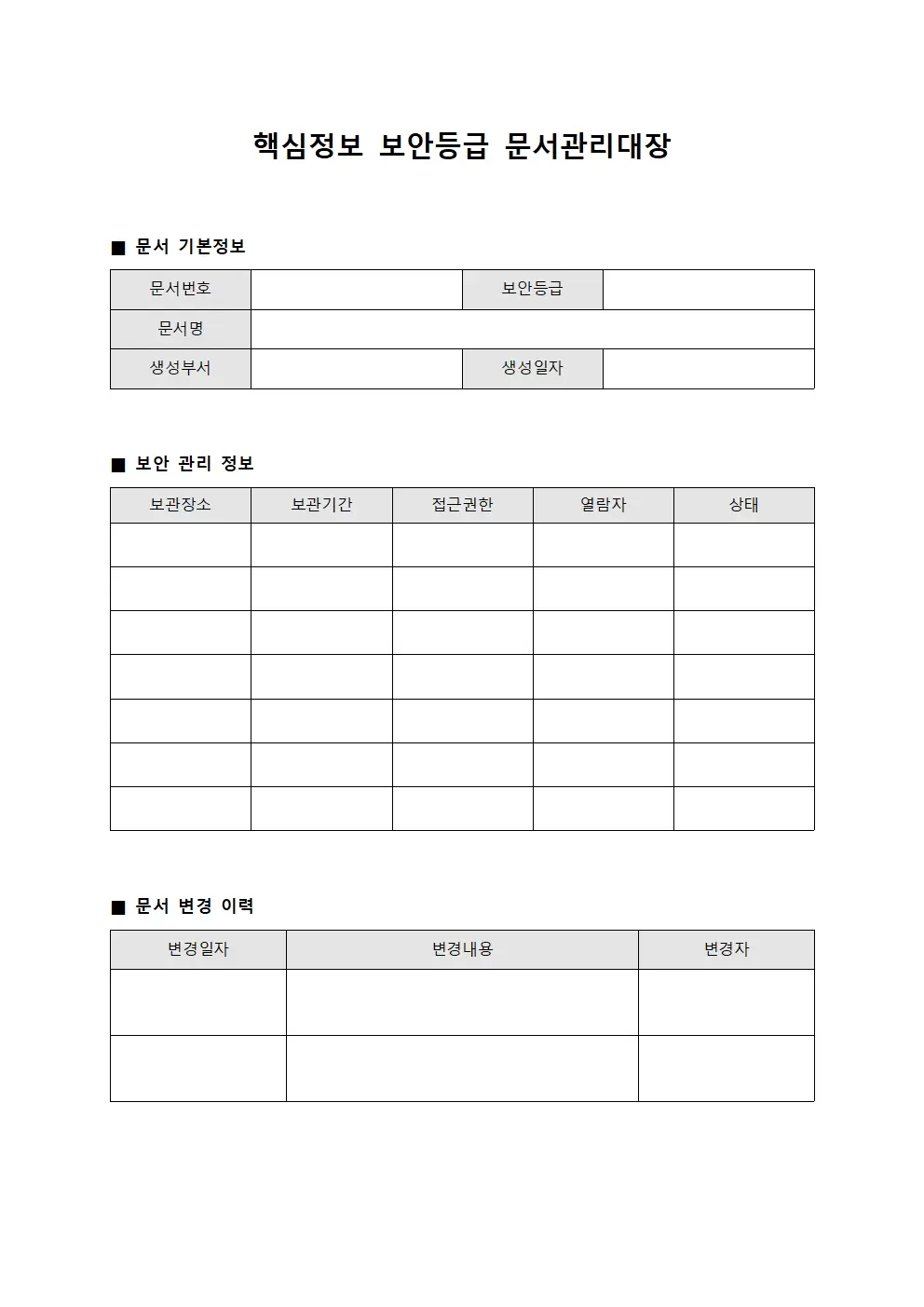 핵심정보보안등급 비밀문서관리대장